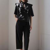 High waist banding baggy pants black