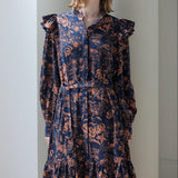 Loose-fit floral frill shirring flare one-piece dress