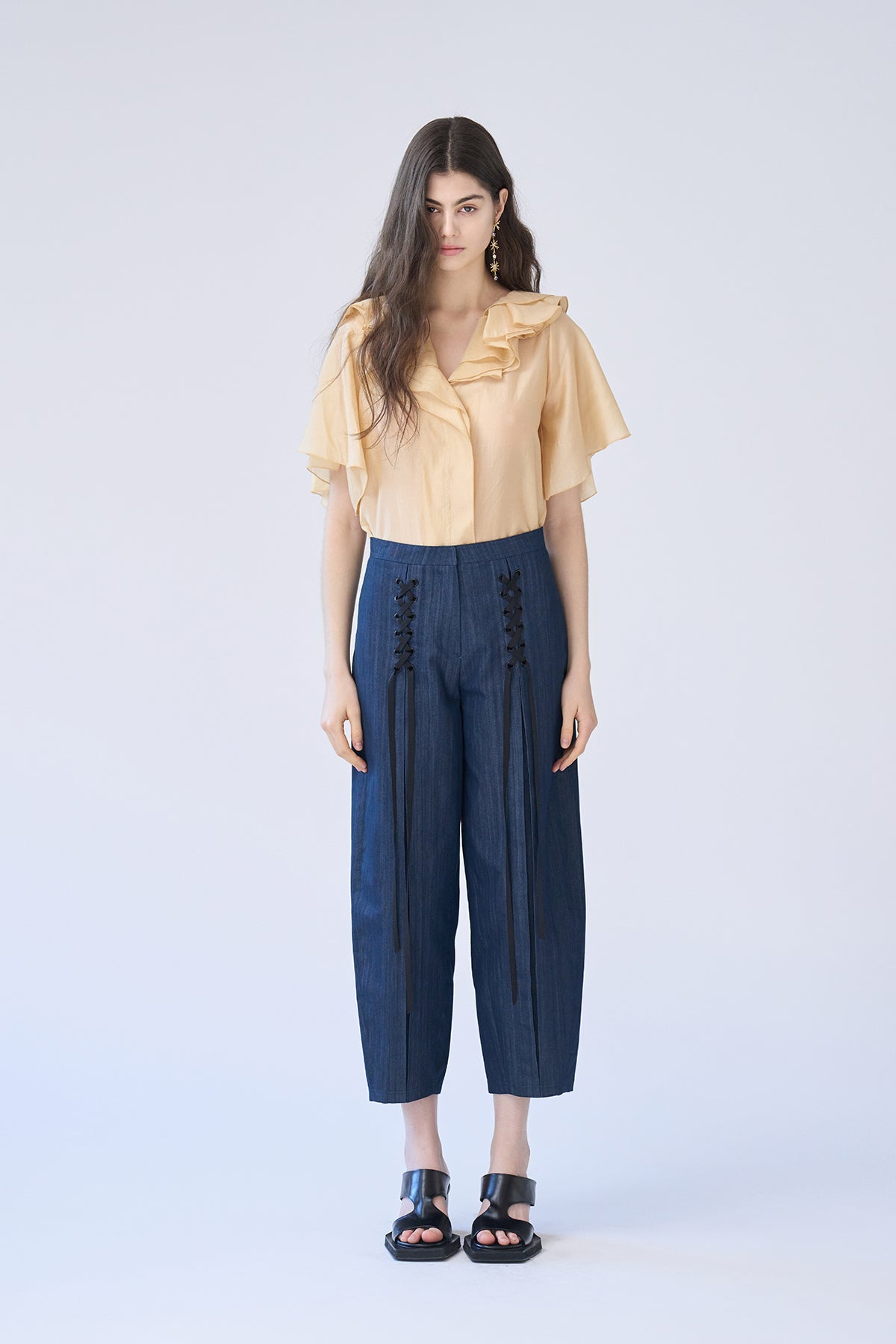 Lace-up baggy fit denim pants - fasfas