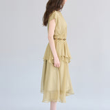 Loose fit asymmetric shirring silk long dress - fasfas