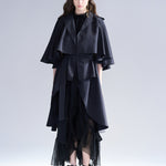 Loose fit cutout cape sleeve asymmetric trench coat black - fasfas
