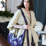 Loose fit cutout cape sleeve asymmetric trench coat - fasfas