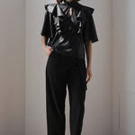 Loose fit key holder neckline ruffle blouse black - fasfas