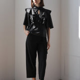 Loose fit key holder neckline ruffle blouse black - fasfas
