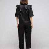 Loose fit key holder neckline ruffle blouse black - fasfas