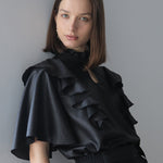 Loose fit key holder neckline ruffle blouse black - fasfas