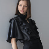 Loose fit key holder neckline ruffle blouse black - fasfas