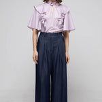 Loose fit key holder neckline ruffle blouse purple - fasfas