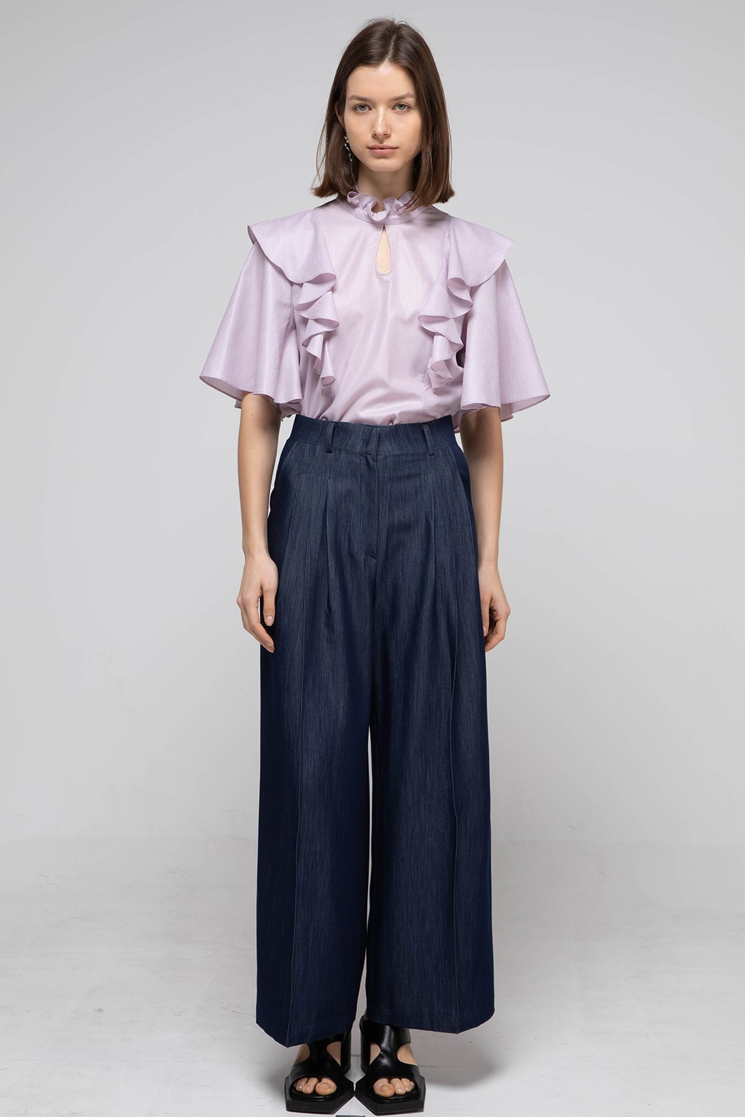 Loose fit key holder neckline ruffle blouse purple - fasfas