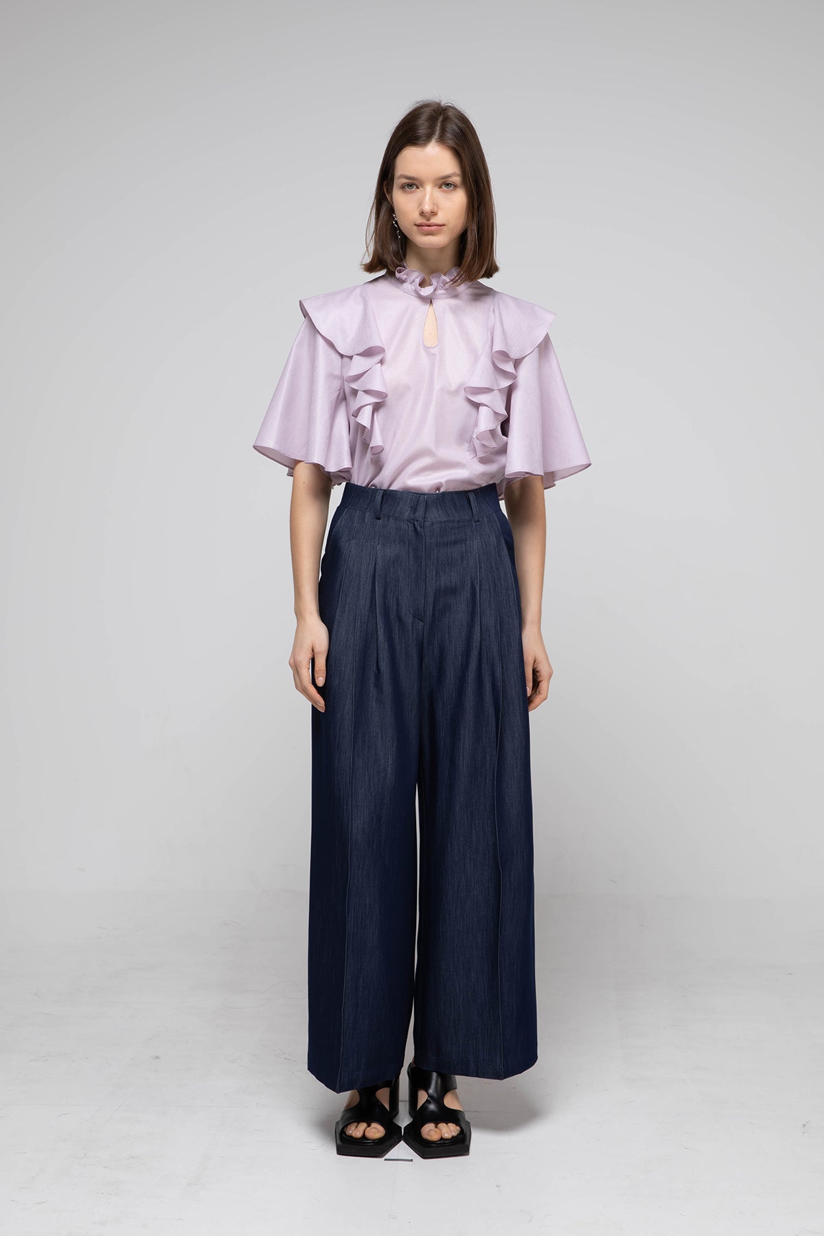Loose fit key holder neckline ruffle blouse purple - fasfas