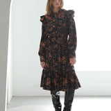 Loose fit flower print shirring long dress - fasfas