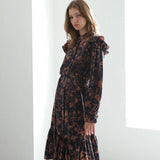 Loose fit flower print shirring long dress - fasfas