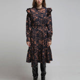 Loose fit flower print shirring long dress - fasfas