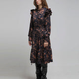 Loose fit flower print shirring long dress - fasfas