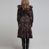 Loose fit flower print shirring long dress - fasfas