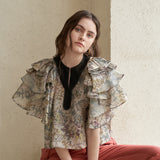 Layered sleeve slit-neck silk blouse