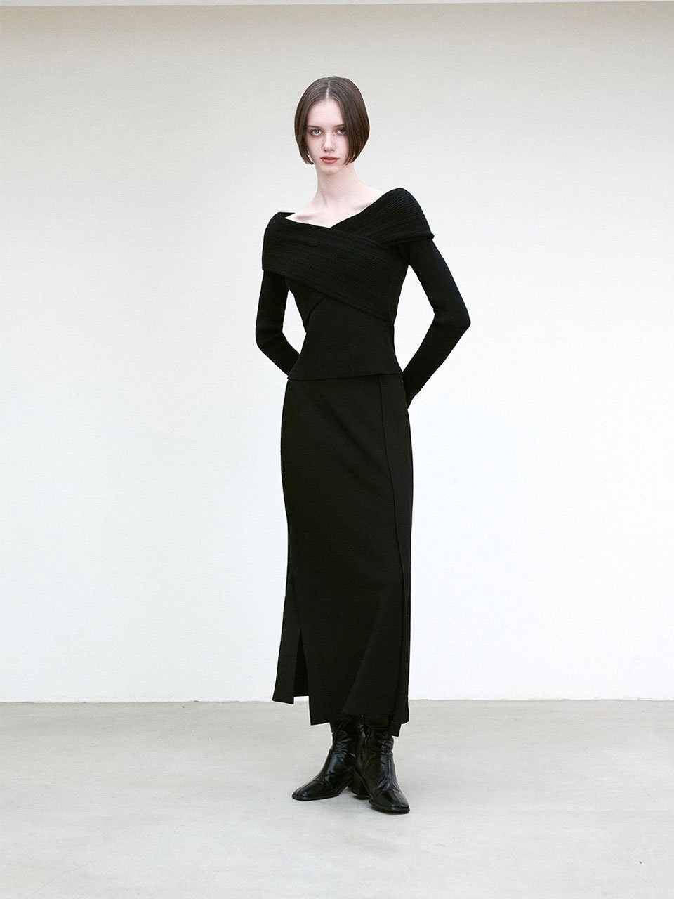 Off-shoulder cross ribbed top black - fasfas