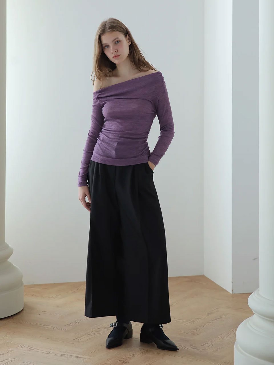 Off shoulder shirring stretch jersey t-shirt purple - fasfas