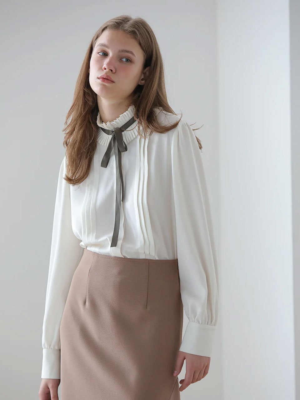 Pleated pin tuck ribbon blouse - fasfas