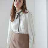 Pleated pin tuck ribbon blouse - fasfas