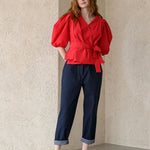 Puff sleeve draped wrap blouse - fasfas