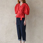 Puff sleeve draped wrap blouse - fasfas
