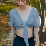 Knot front netted cropped cardigan sky blue