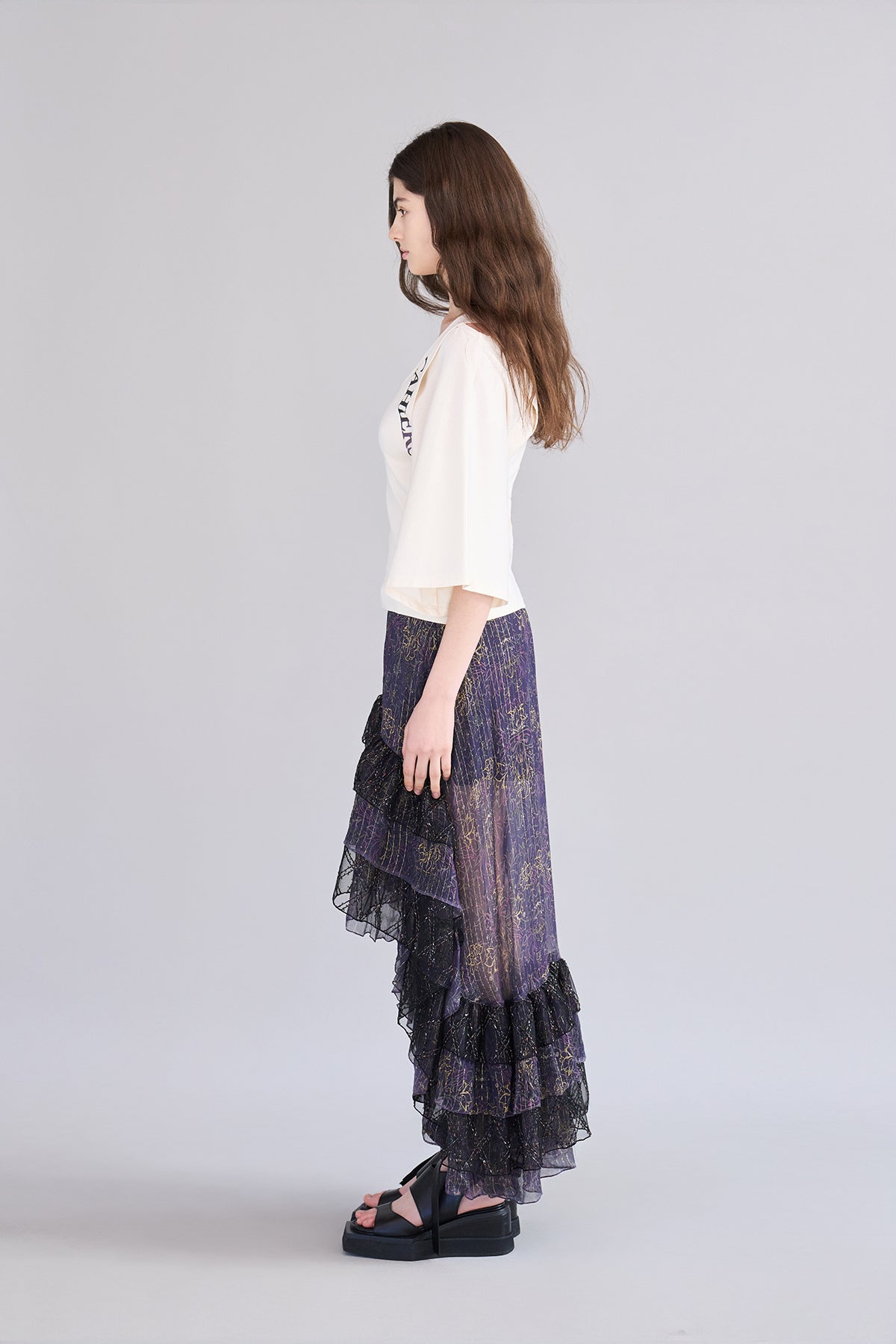 Ruffle tiered asymmetric long skirt purple - fasfas