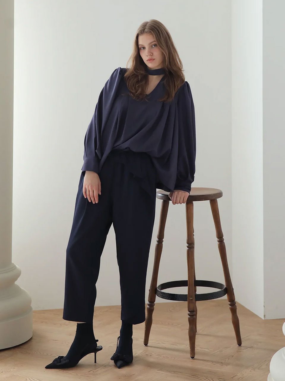 Ruffle banding elastic pants pants navy - fasfas