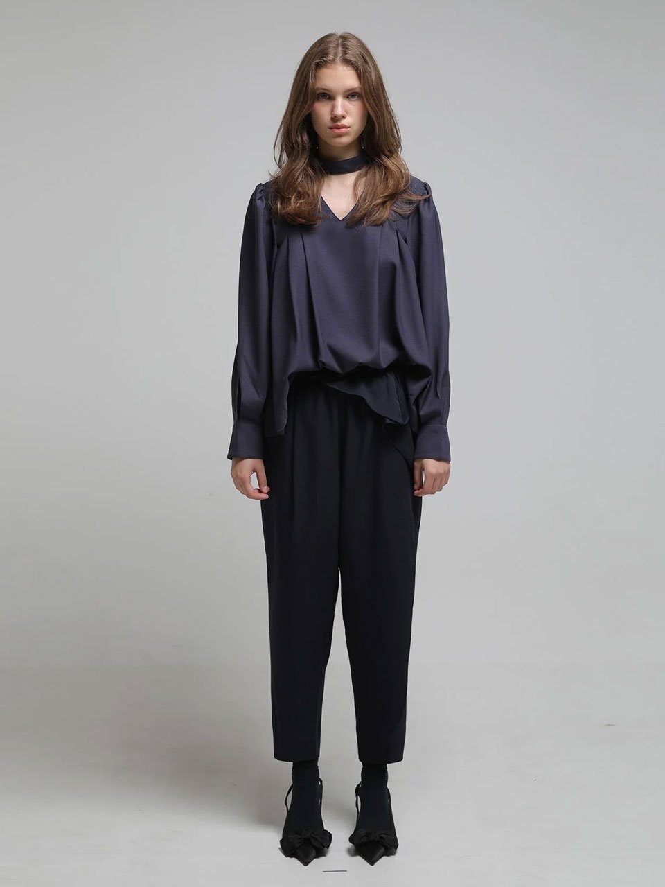 Ruffle banding elastic pants pants navy - fasfas