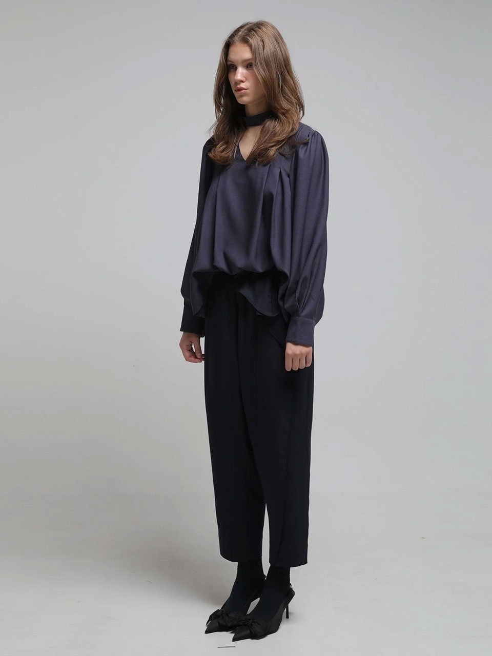 Ruffle banding elastic pants pants navy - fasfas