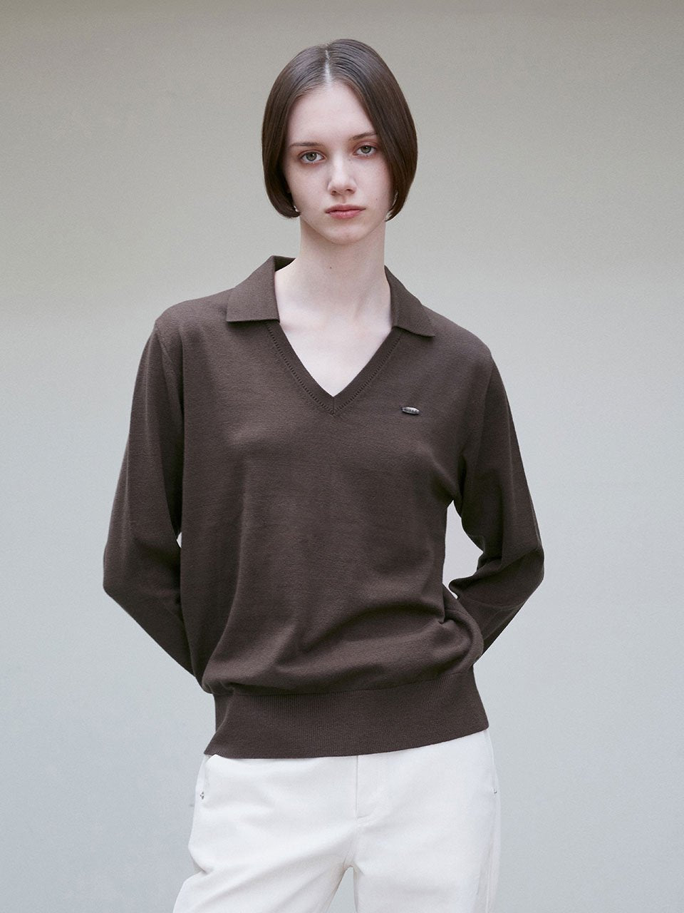 Spread collar knit top chocolate - fasfas