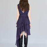 Sleeveless layered cross detail asymmetric silk dress - fasfas
