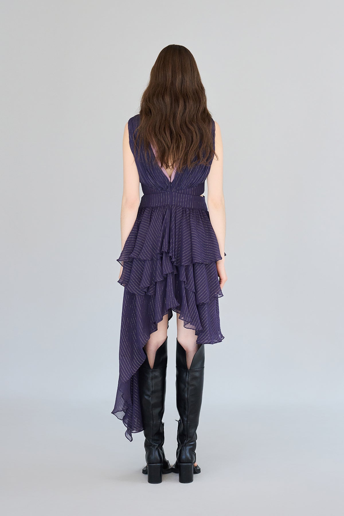 Sleeveless layered cross detail asymmetric silk dress - fasfas