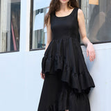 Sleeveless asymmetric black silk dress