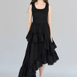 Sleeveless asymmetric black silk dress