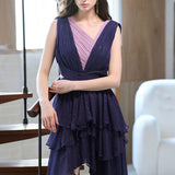 Sleeveless layered cross detail asymmetric silk dress