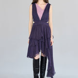 Sleeveless layered cross detail asymmetric silk dress