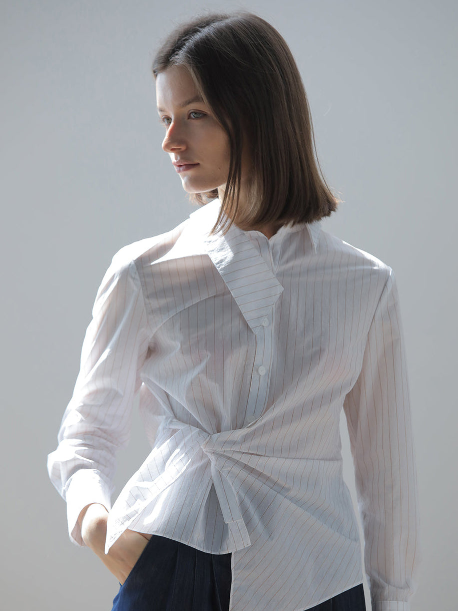 Slim fit asymmetric striped shirt blouse white - fasfas