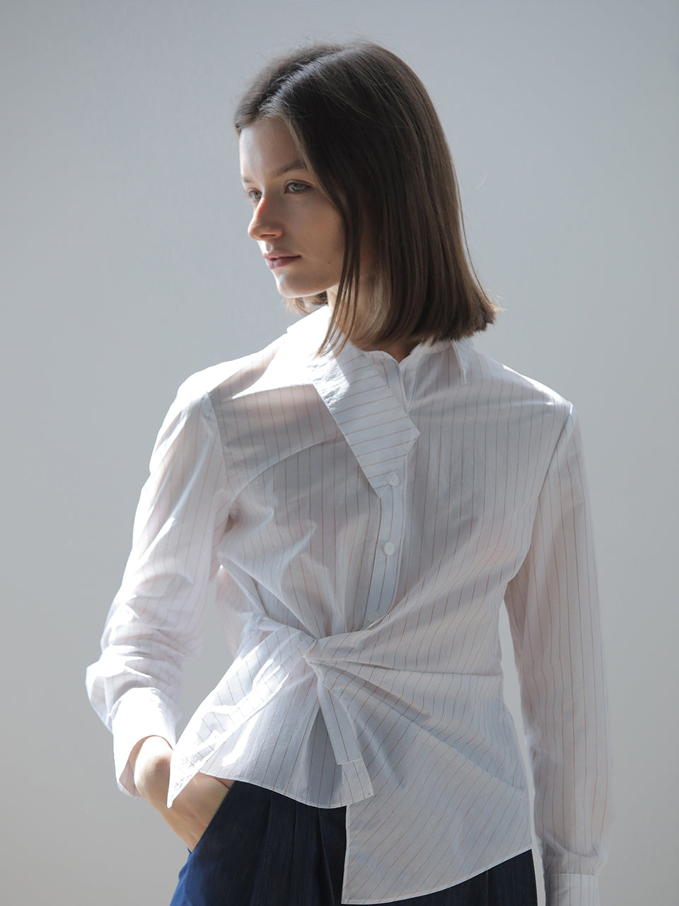 Slim fit asymmetric striped shirt blouse white - fasfas