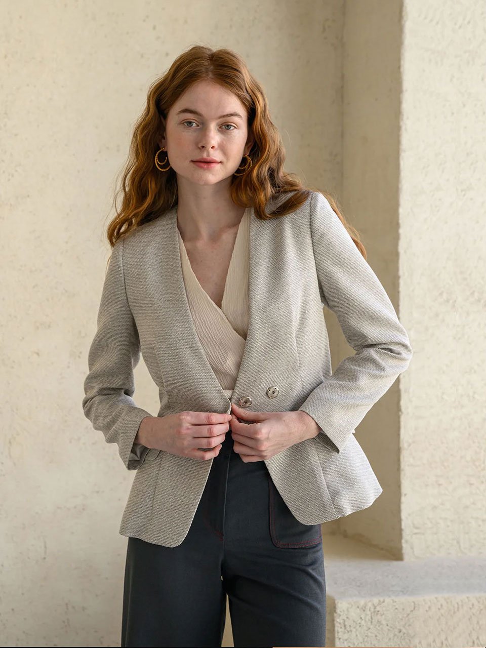 Slim fit v-neck tweed jacket - fasfas