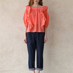 Square neck loose fit ruffle blouse coral - fasfas