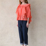 Square neck loose fit ruffle blouse coral - fasfas