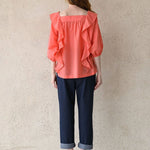 Square neck loose fit ruffle blouse coral - fasfas
