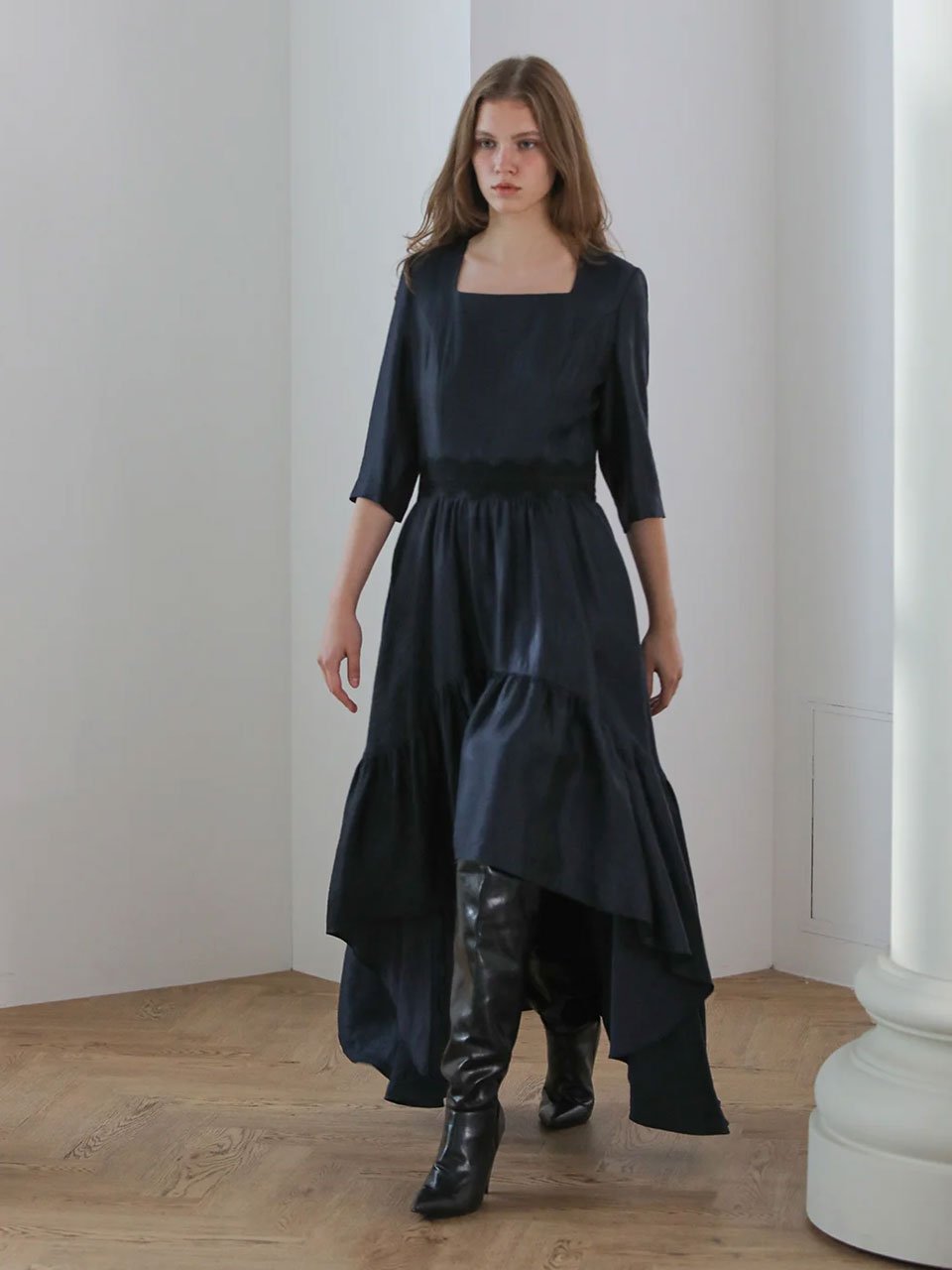 Square neck three-quarter sleeve asymmetric long dress - fasfas