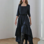 Square neck three-quarter sleeve asymmetric long dress - fasfas