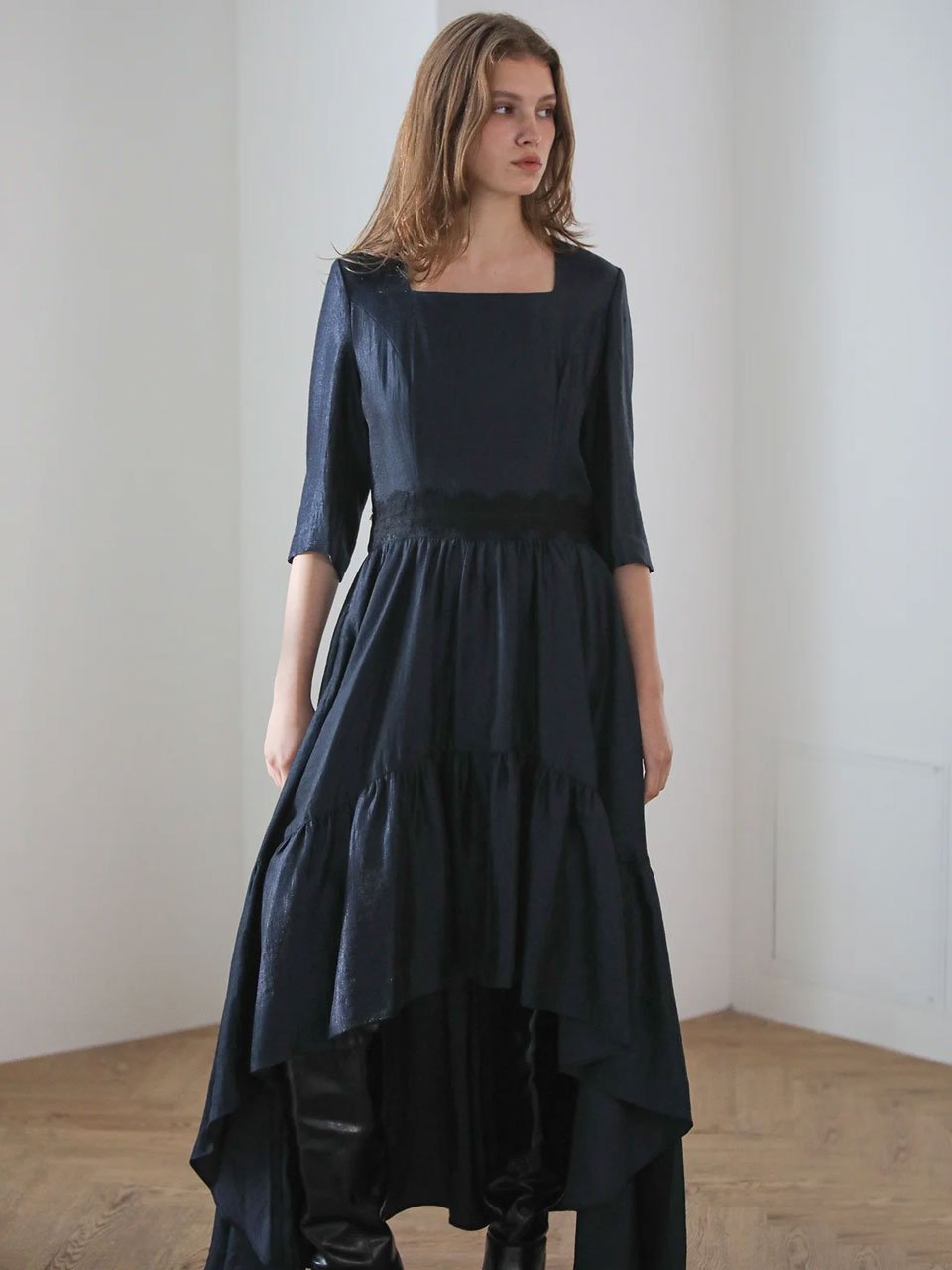 Square neck three-quarter sleeve asymmetric long dress - fasfas