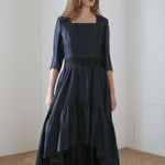 Square neck three-quarter sleeve asymmetric long dress - fasfas