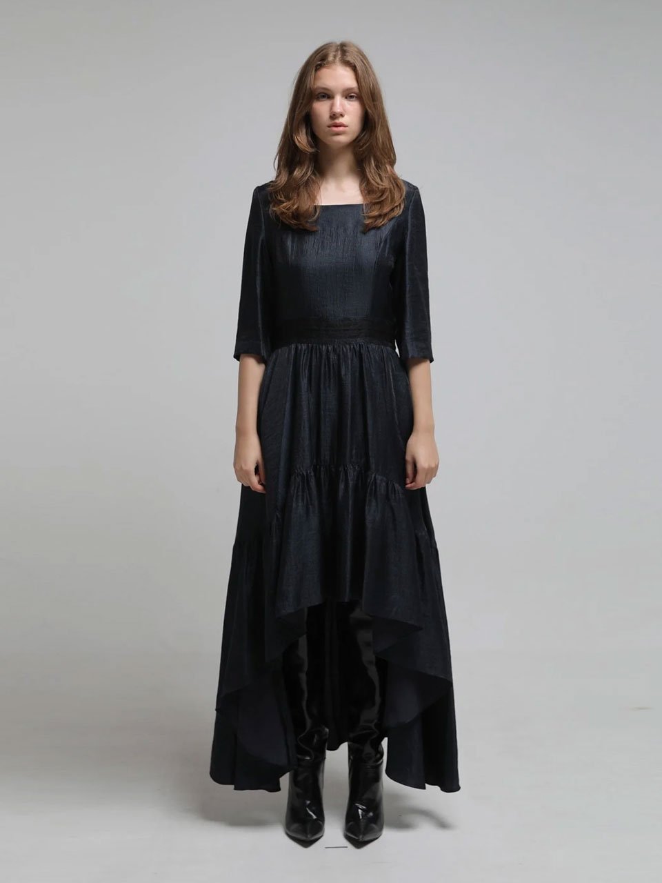 Square neck three-quarter sleeve asymmetric long dress - fasfas