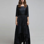 Square neck three-quarter sleeve asymmetric long dress - fasfas